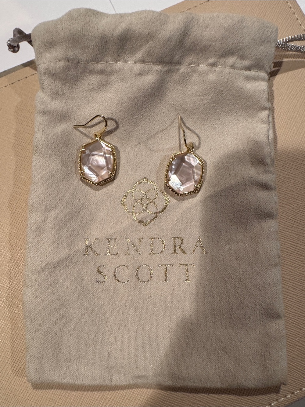 Kendra Scott Light Pink Iridescent Abalone Gold Drop Earrings - Picture 4 of 4